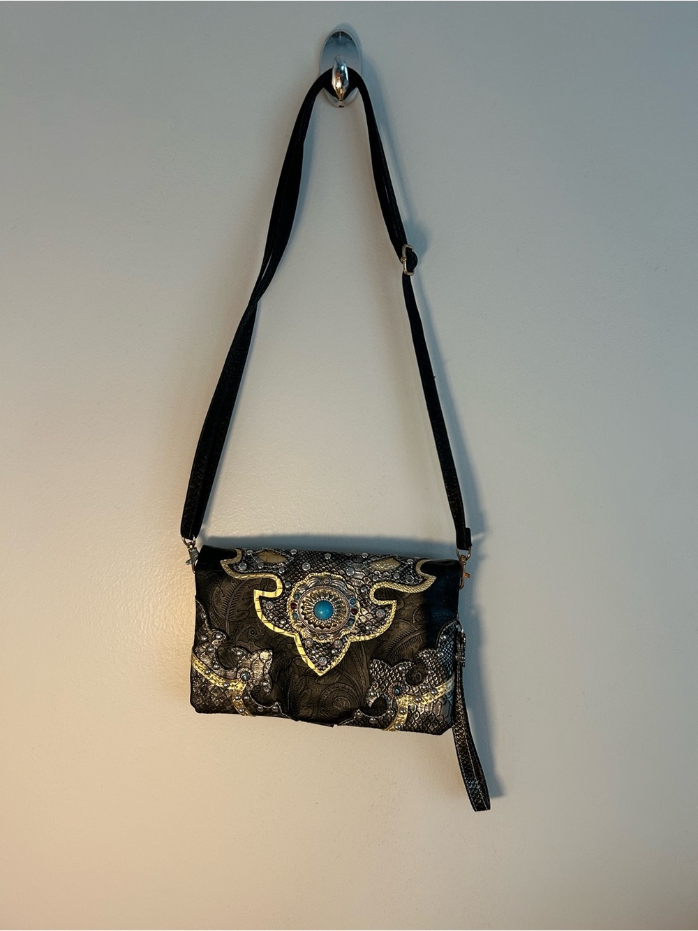 Black Embellished Crossbody Bag with Turquoise Accent